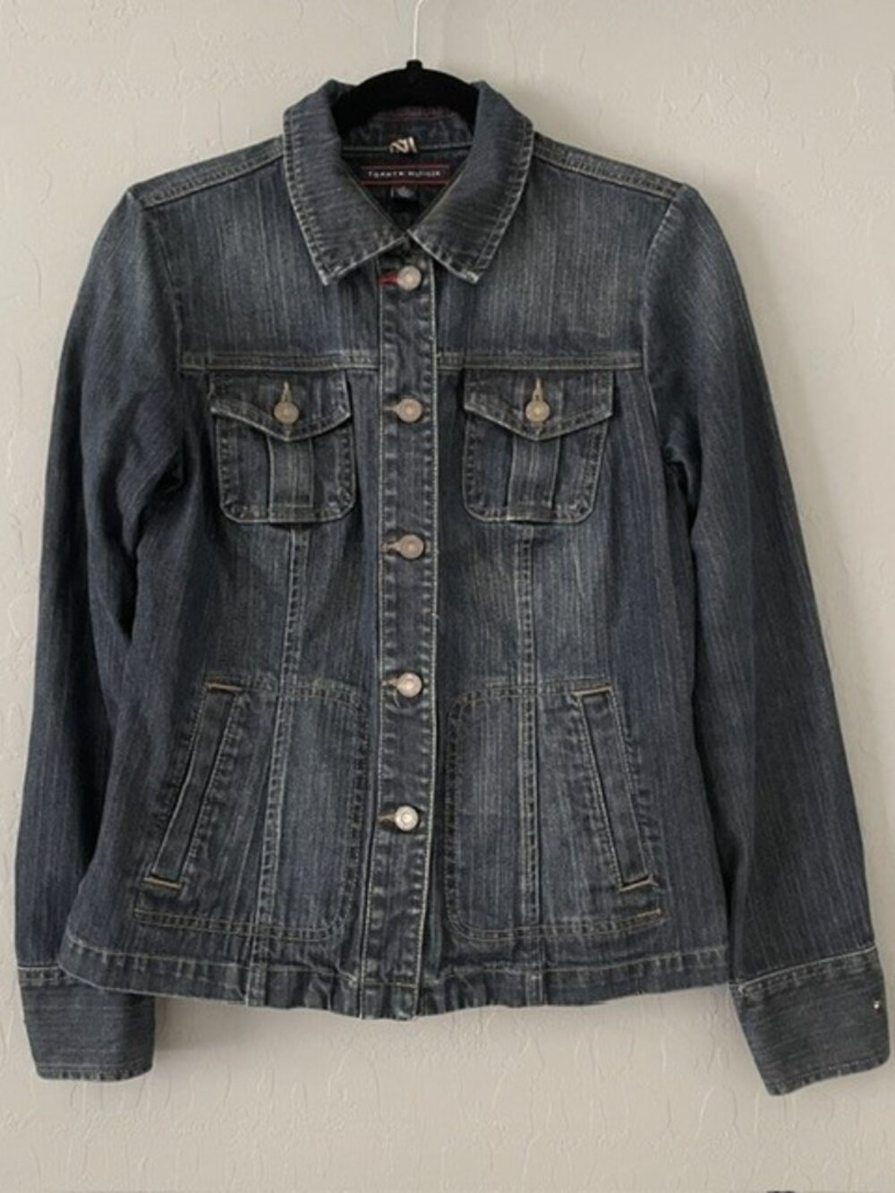 Vintage Tommy Hilfiger Cinched Peplum Denim Jacket Dark Wash Fitted Size M